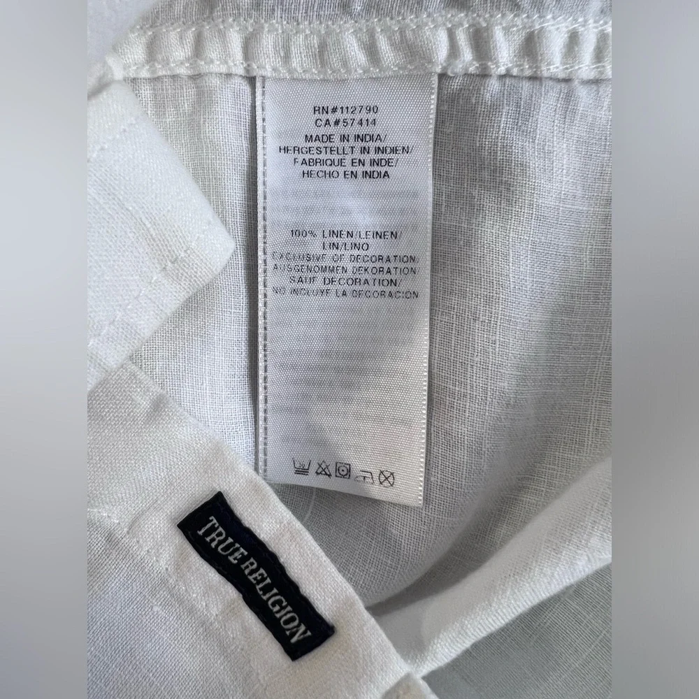 TRUE RELIGION Shirt Men L 100% Linen Button up‎ Slim Western Short Sleeve White